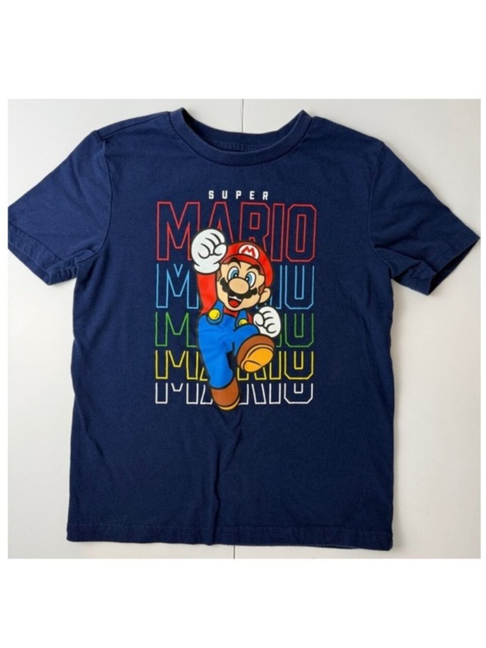 Official Nintendo Super Mario Graphic T-Shirt Kids S (6) Blue Unisex Tee